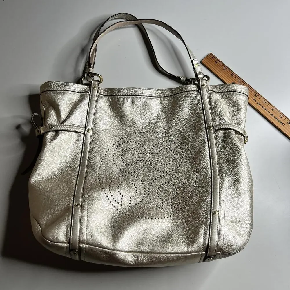 Coach Tote Bag‎ Womens Large Gold Metallic Leather Shoulder Pink Lining 17024